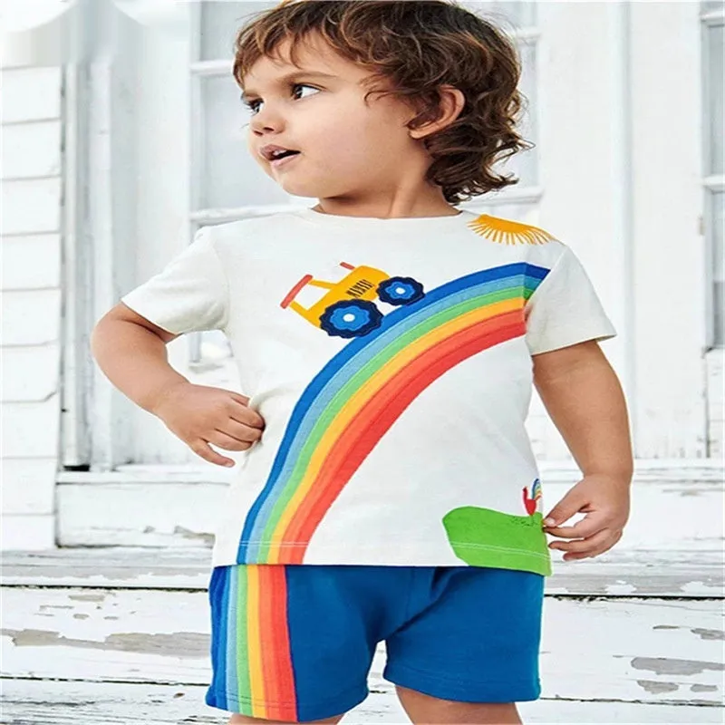Baby boys' ivory white rainbow short sleeve summer cotton two-piece suit set for toddlers