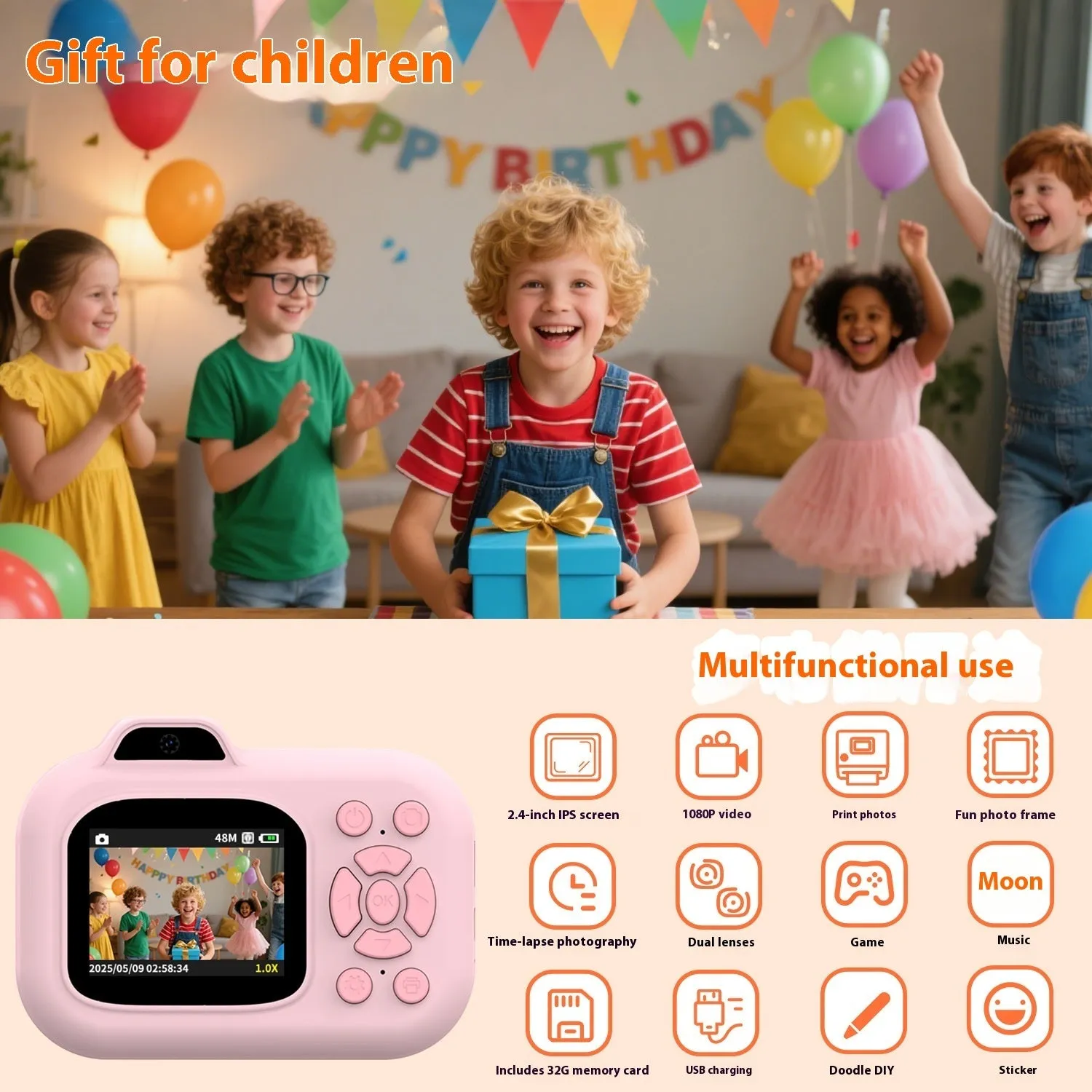 Children's digital toy camera in pink, blue, or purple colour with video recording and game functions.