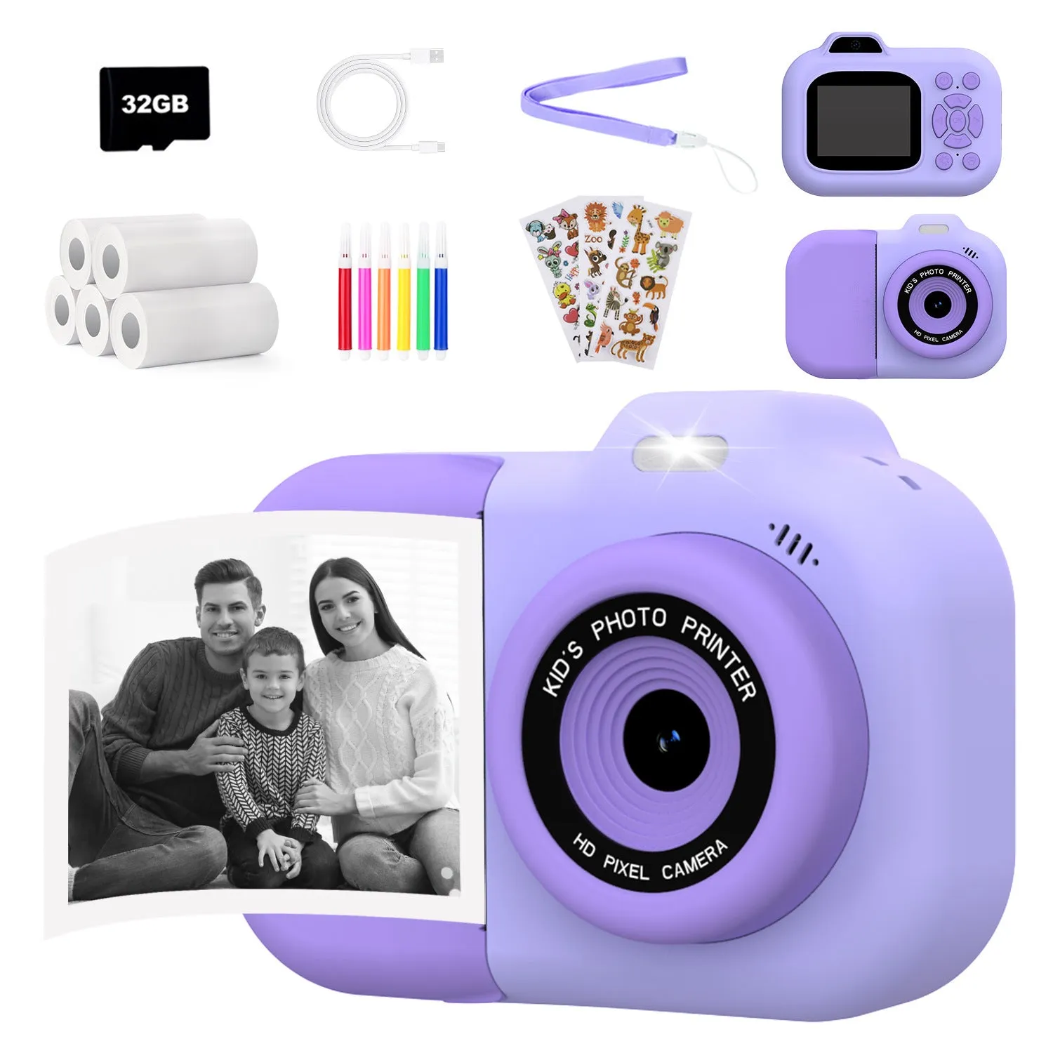 Children's digital toy camera in pink, blue, or purple colour with video recording and game functions.