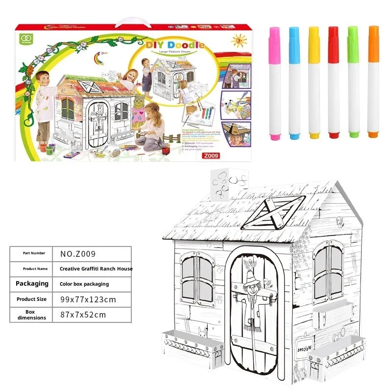 Handmade DIY three-dimensional carton paper model colour filling toy kit with graffiti castle design