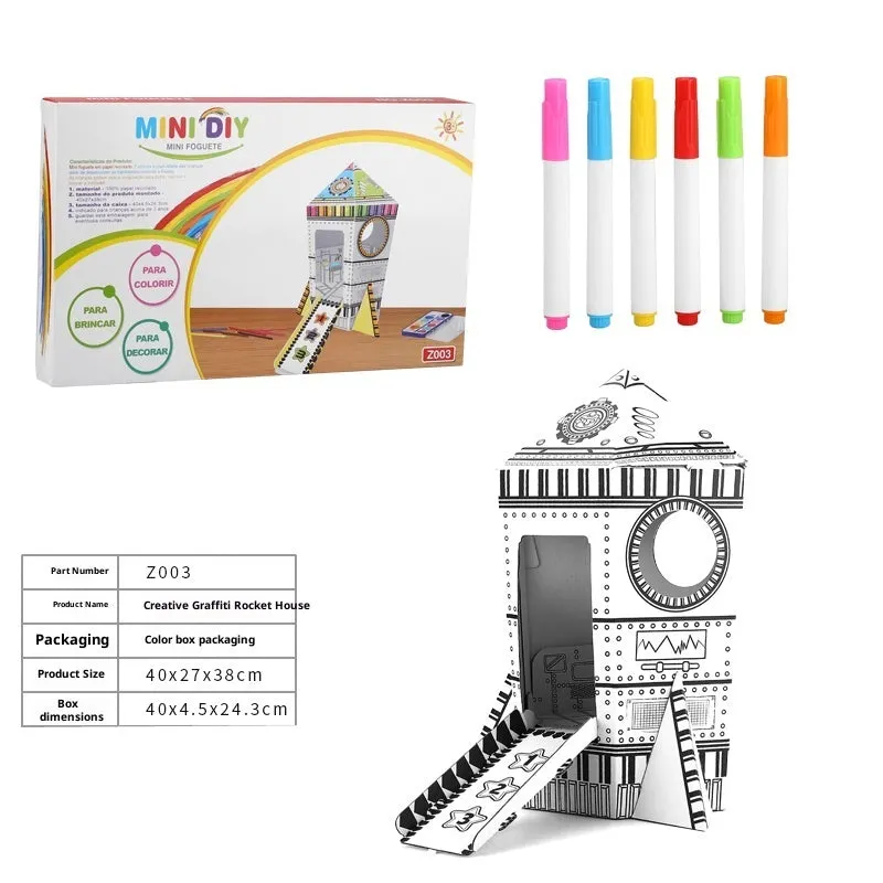 Handmade DIY three-dimensional carton paper model colour filling toy kit with graffiti castle design