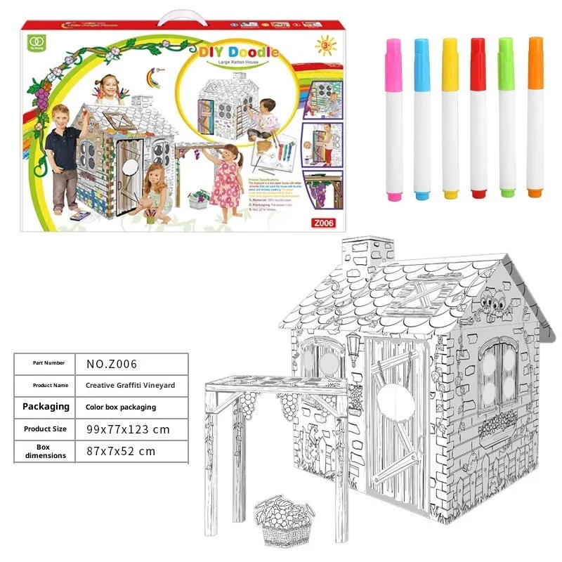 Handmade DIY three-dimensional carton paper model colour filling toy kit with graffiti castle design