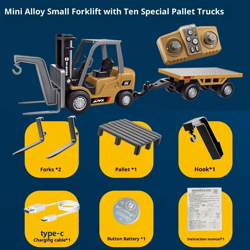 Alloy remote control engineering vehicle set with dump truck, excavator, and small forklift on a table