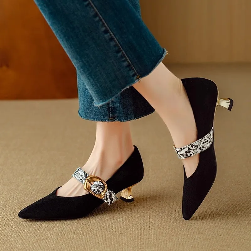 Women's black stiletto heels with buckle fastening and pointed toe design
