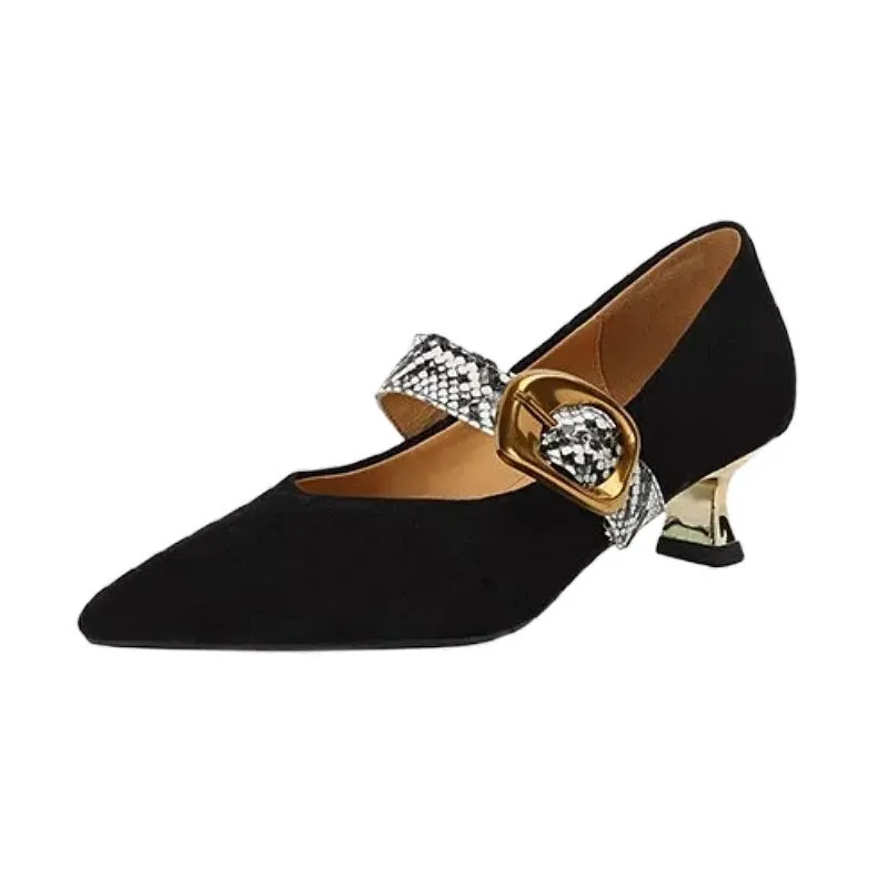 Women's black stiletto heels with buckle fastening and pointed toe design