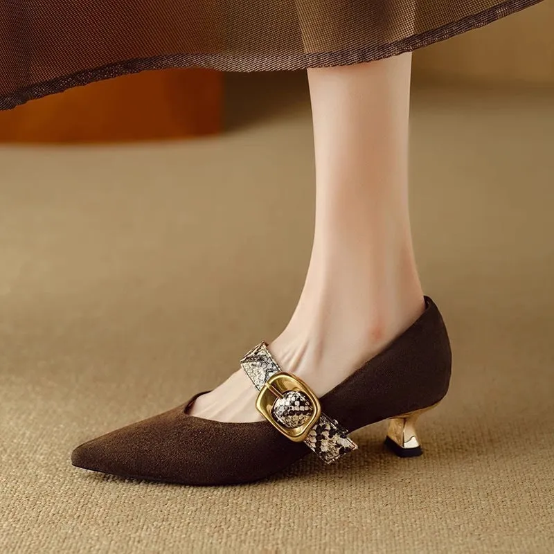 Women's black stiletto heels with buckle fastening and pointed toe design