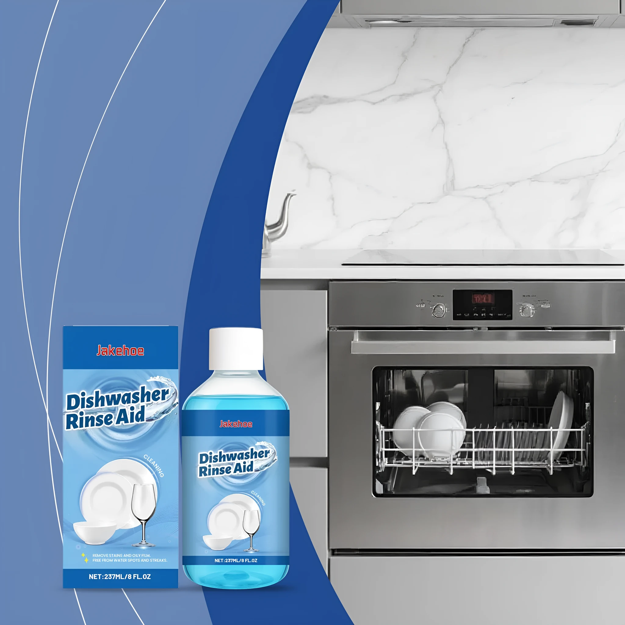 237mL bottle of dishwasher detergent aid for cleaning plates and removing stains.