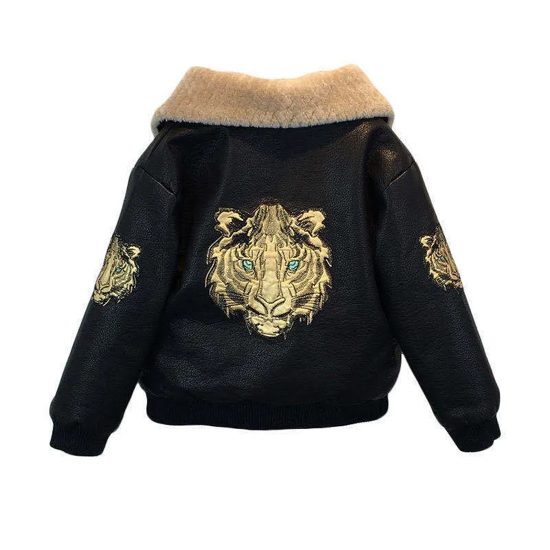 Black PU leather long-sleeved plus velvet jacket for boys with lapel collar and zipper closure, flat lay view