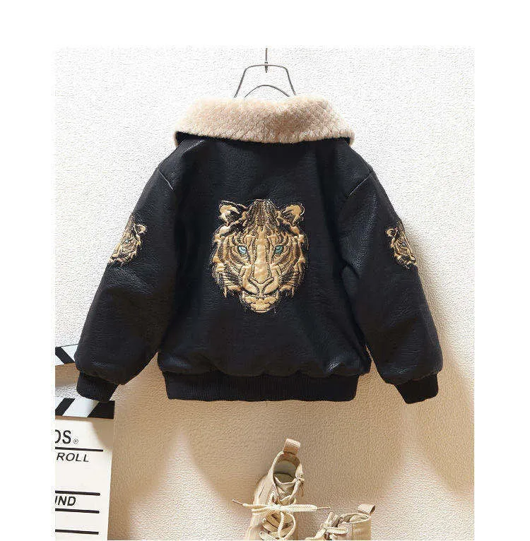 Black PU leather long-sleeved plus velvet jacket for boys with lapel collar and zipper closure, flat lay view