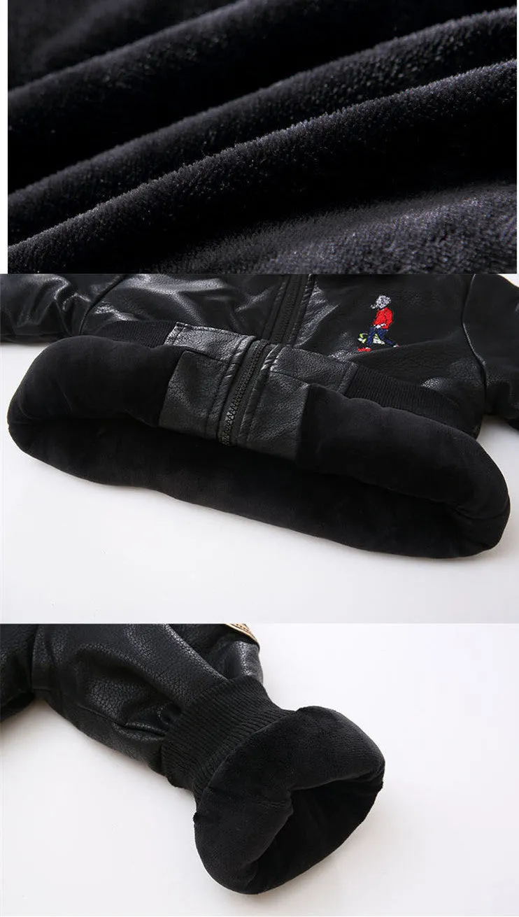 Black PU leather long-sleeved plus velvet jacket for boys with lapel collar and zipper closure, flat lay view