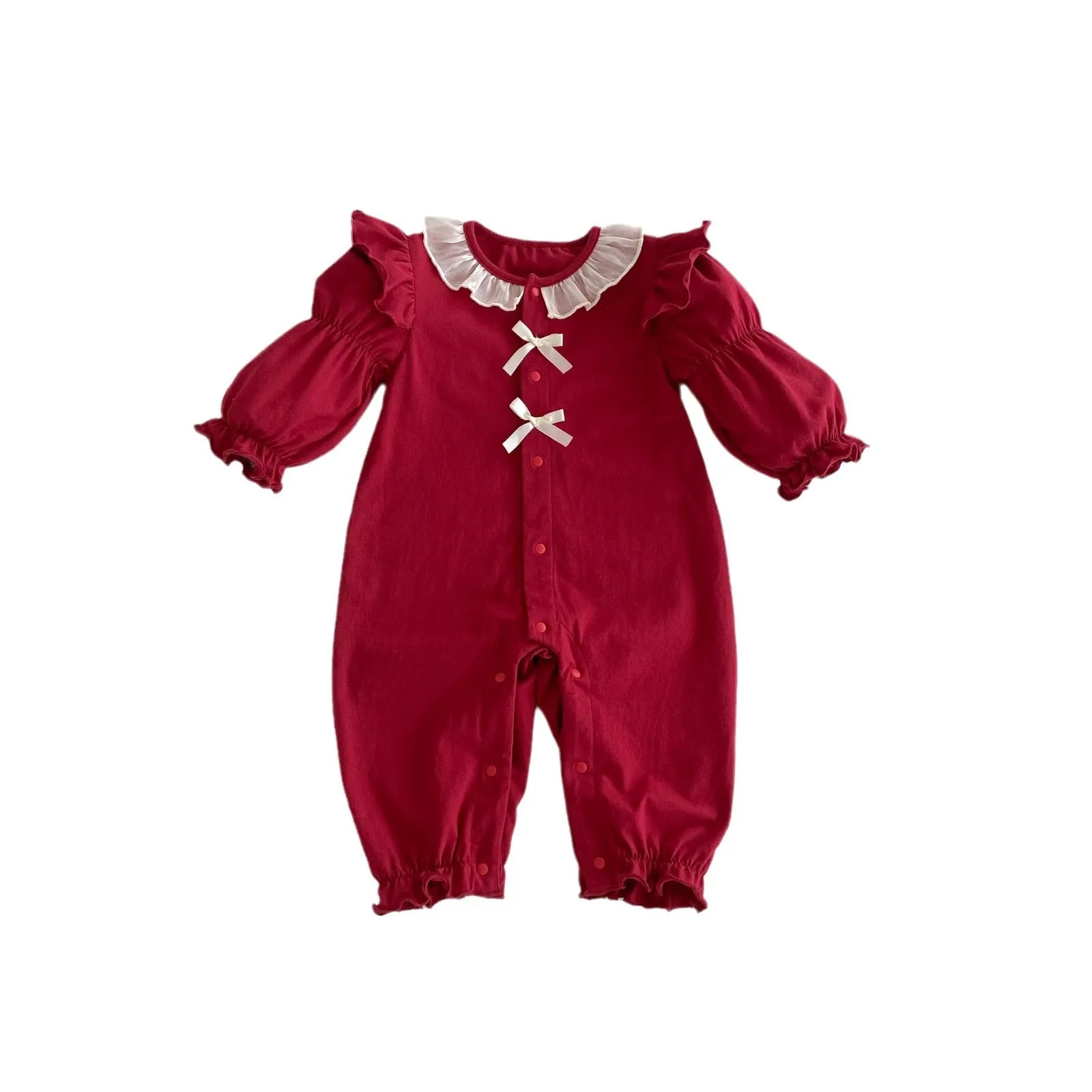 Red cotton baby jumpsuit with long sleeves and double-breasted front, suitable for girls aged 66cm to 90cm