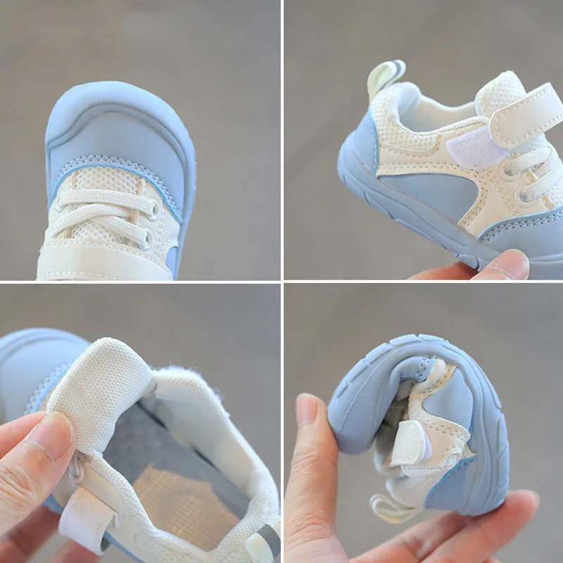 Blue toddler walking shoes with soft anti-skid sole and artificial PU upper
