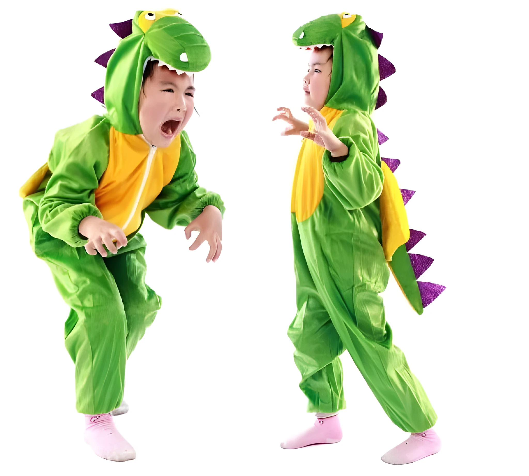 Green dinosaur performance costume for children available in sizes 90cm to 180cm