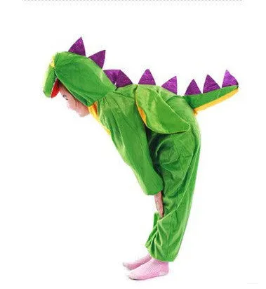 Green dinosaur performance costume for children available in sizes 90cm to 180cm
