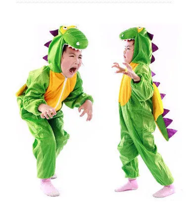 Green dinosaur performance costume for children available in sizes 90cm to 180cm