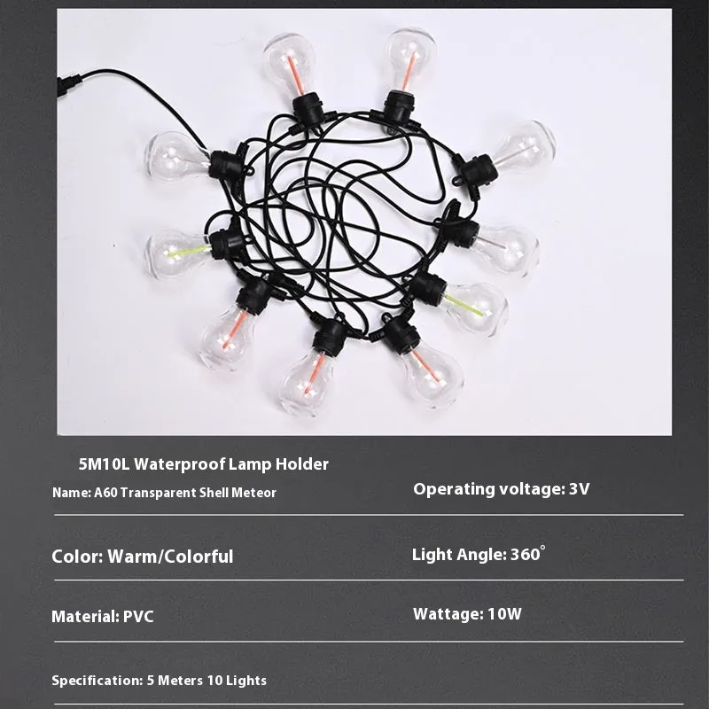 Outdoor waterproof string lights with 10 A60 transparent meteor bulbs on 5m cable