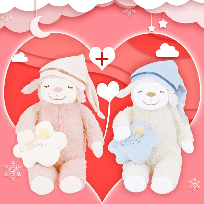 LIVHEART sheep ragdoll plush pillow toy in pink with bown cotton filling, child sleeping doll