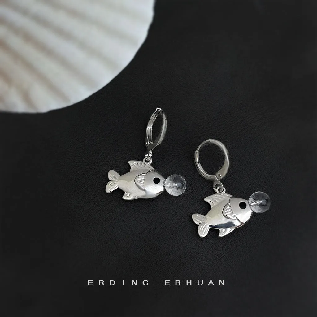 Bubble fish design copper earrings with goldfish animal modelling and electroplated finish