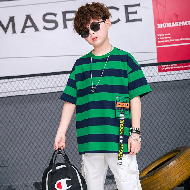 Tide Brand Korean version pure cotton striped childrens short sleeve top in red available in 130-170cm sizes