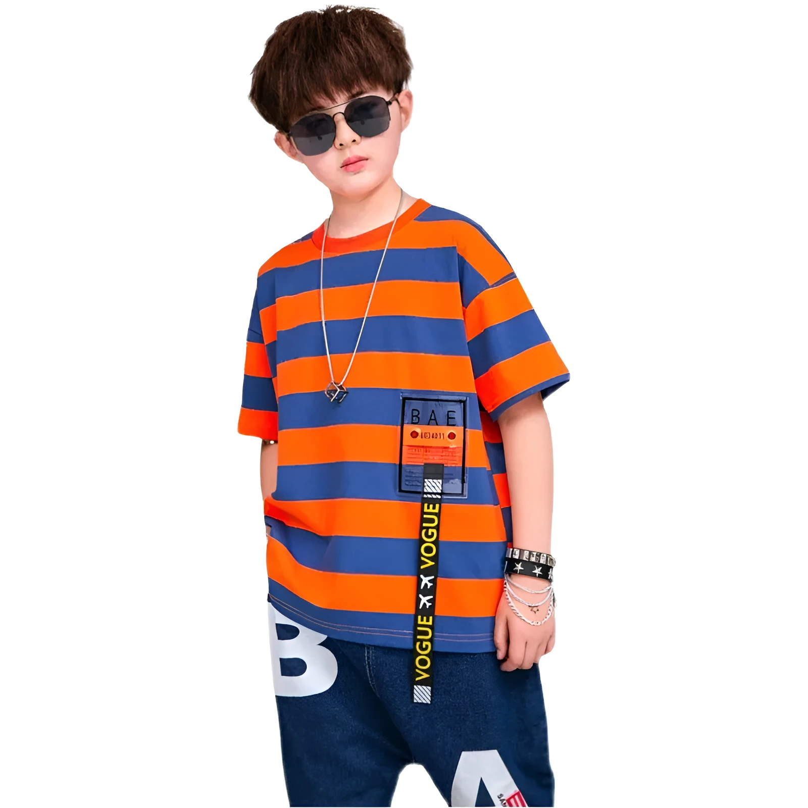 Tide Brand Korean version pure cotton striped childrens short sleeve top in red available in 130-170cm sizes