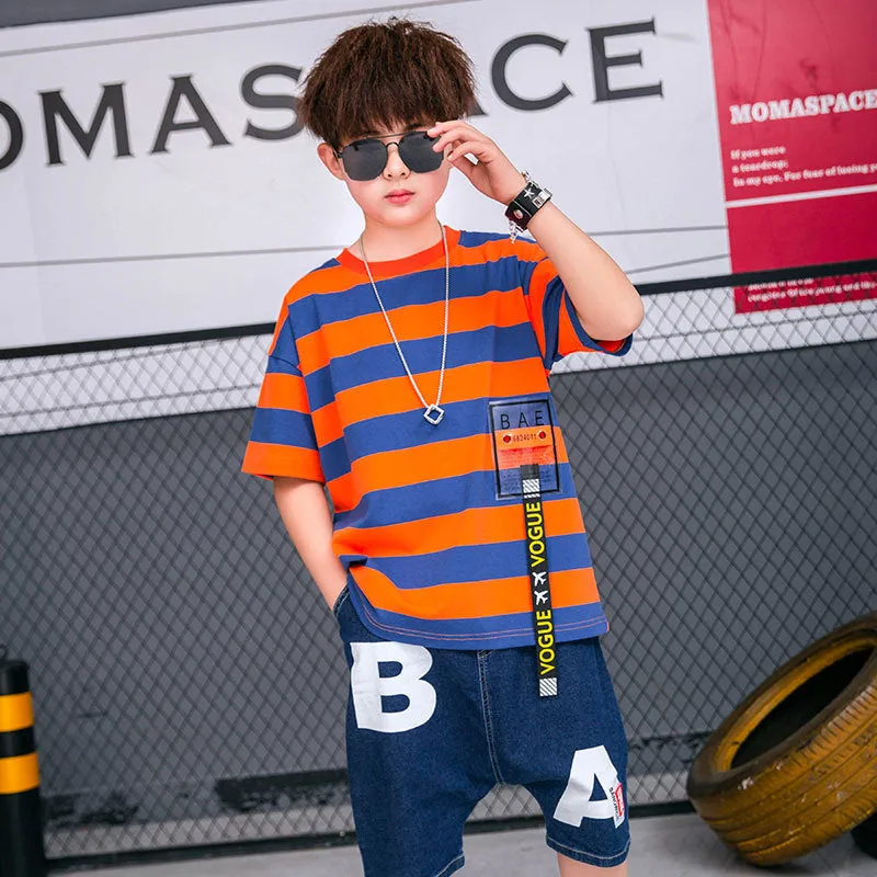 Tide Brand Korean version pure cotton striped childrens short sleeve top in red available in 130-170cm sizes