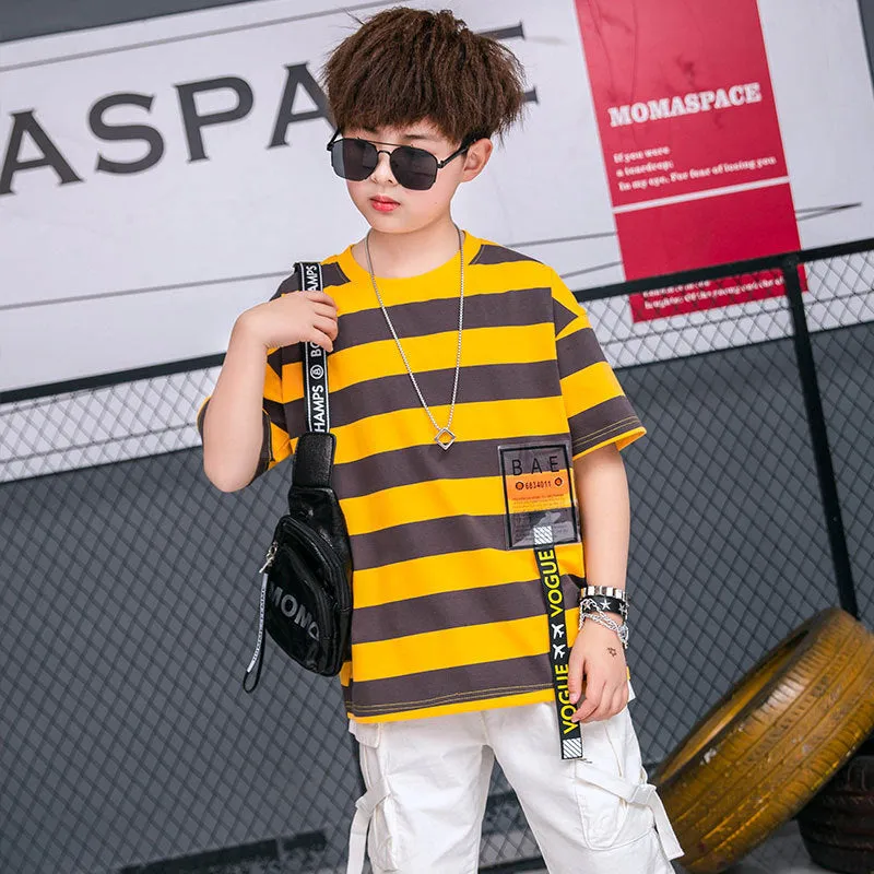 Tide Brand Korean version pure cotton striped childrens short sleeve top in red available in 130-170cm sizes