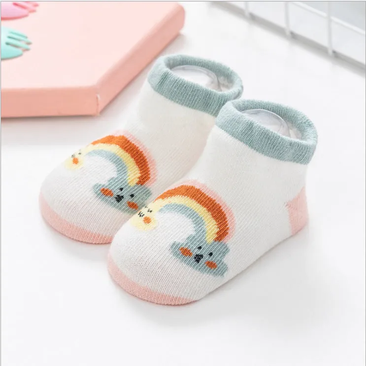 Baby combed cotton boat socks with stripes for 0-1 years old, yellow white cloud colour