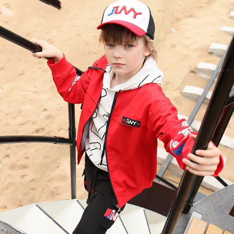 JLNY children's sports jacket in Black with standing collar and letter design on a white background