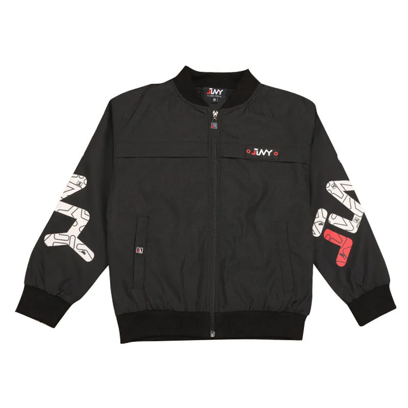 JLNY children's sports jacket in Black with standing collar and letter design on a white background
