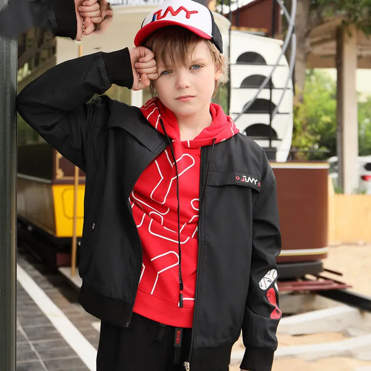 JLNY children's sports jacket in Black with standing collar and letter design on a white background