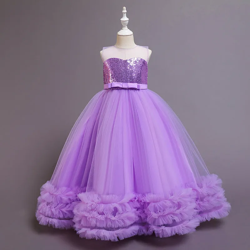 Children's sequined embroidered mesh princess tutu dress in colours including champagne, green, pink, purple, red, white – sizes 120-160cm