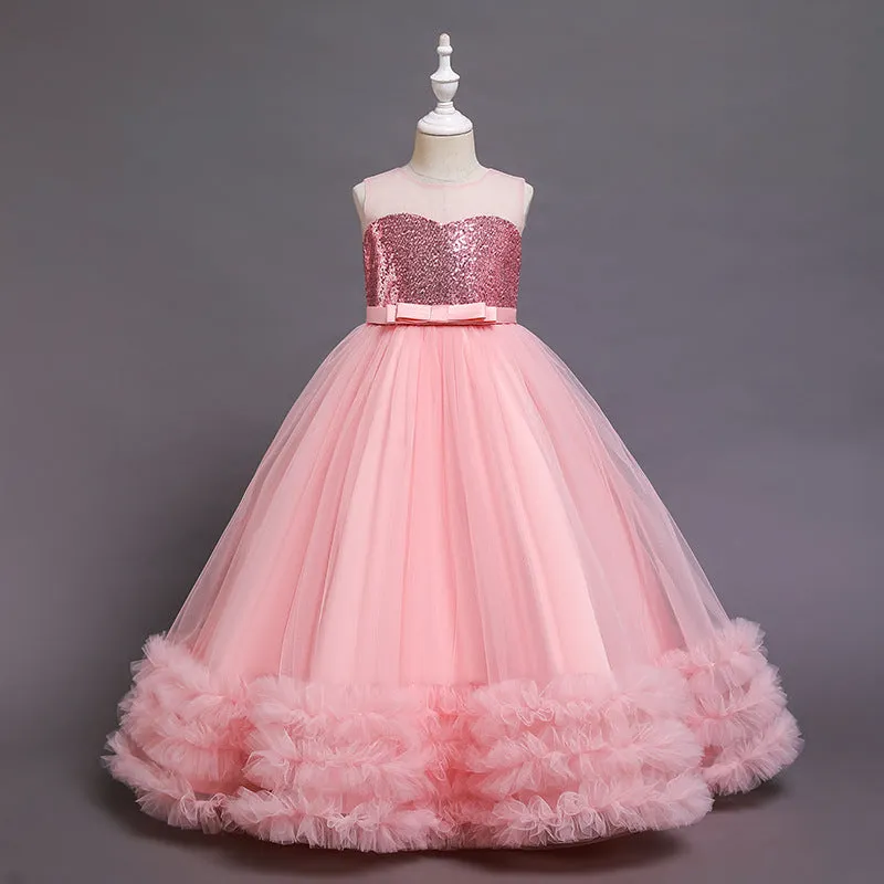 Children's sequined embroidered mesh princess tutu dress in colours including champagne, green, pink, purple, red, white – sizes 120-160cm