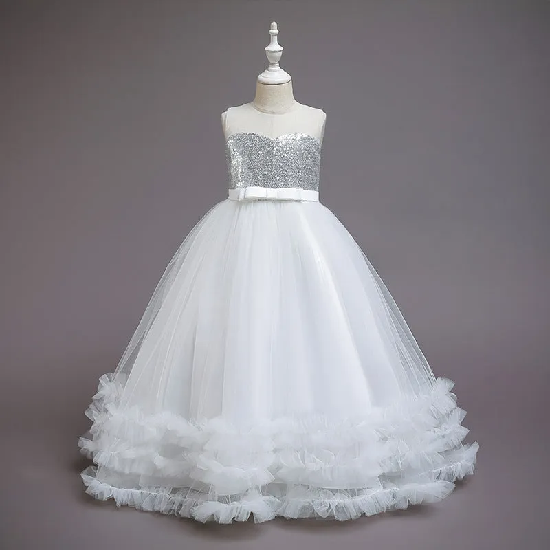 Children's sequined embroidered mesh princess tutu dress in colours including champagne, green, pink, purple, red, white – sizes 120-160cm