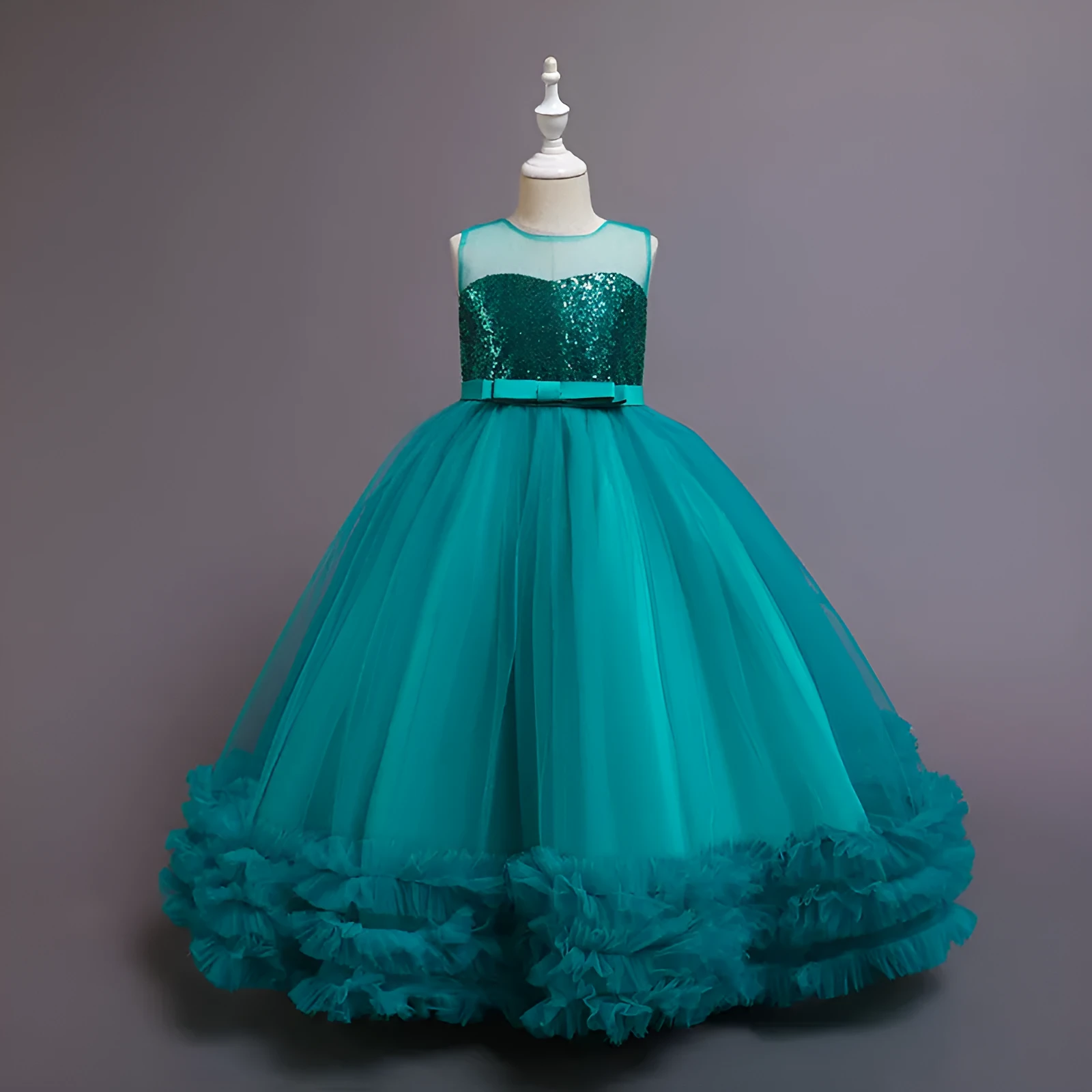 Children's sequined embroidered mesh princess tutu dress in colours including champagne, green, pink, purple, red, white – sizes 120-160cm