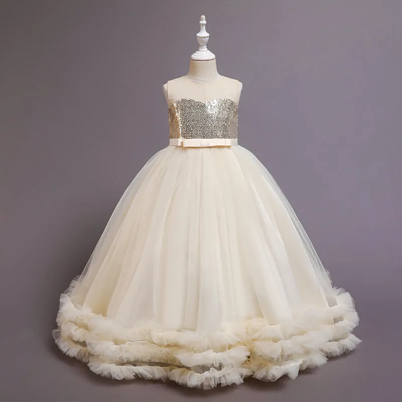 Children's sequined embroidered mesh princess tutu dress in colours including champagne, green, pink, purple, red, white – sizes 120-160cm