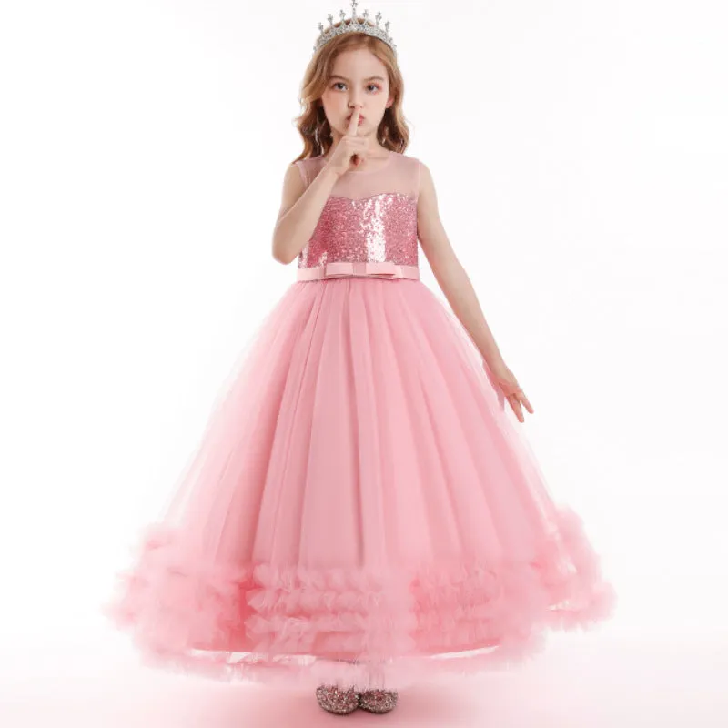 Children's sequined embroidered mesh princess tutu dress in colours including champagne, green, pink, purple, red, white – sizes 120-160cm