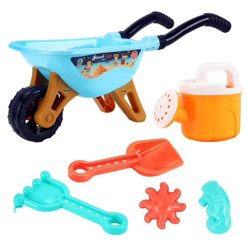 Large plastic beach toy stroller set with 6 pieces including a trolley, available in blue or red