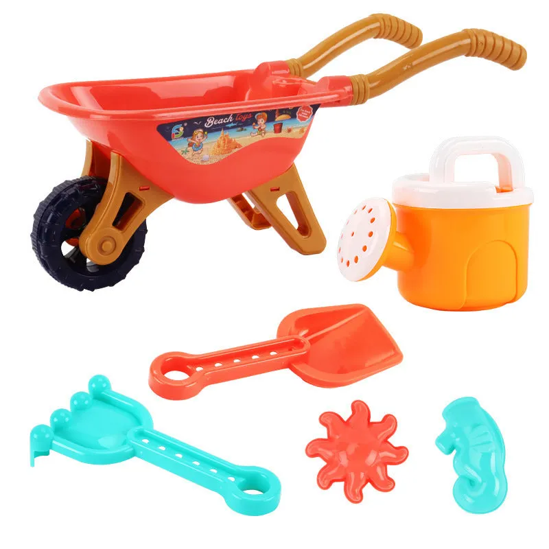 Large plastic beach toy stroller set with 6 pieces including a trolley, available in blue or red