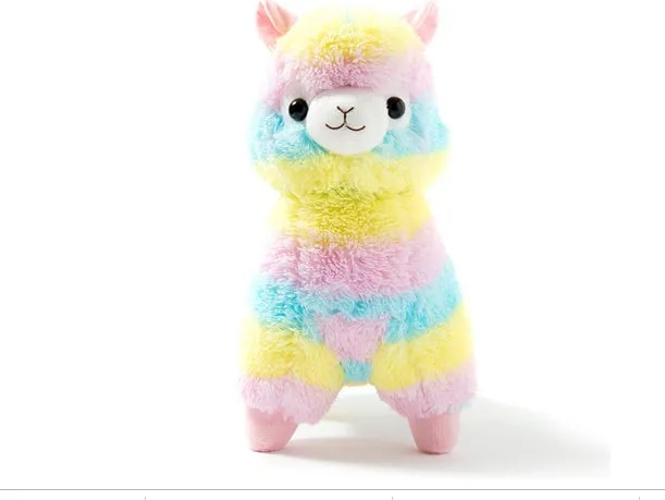 Colorful alpaca plush doll toy with short plush fabric, 35cm height, on a white background