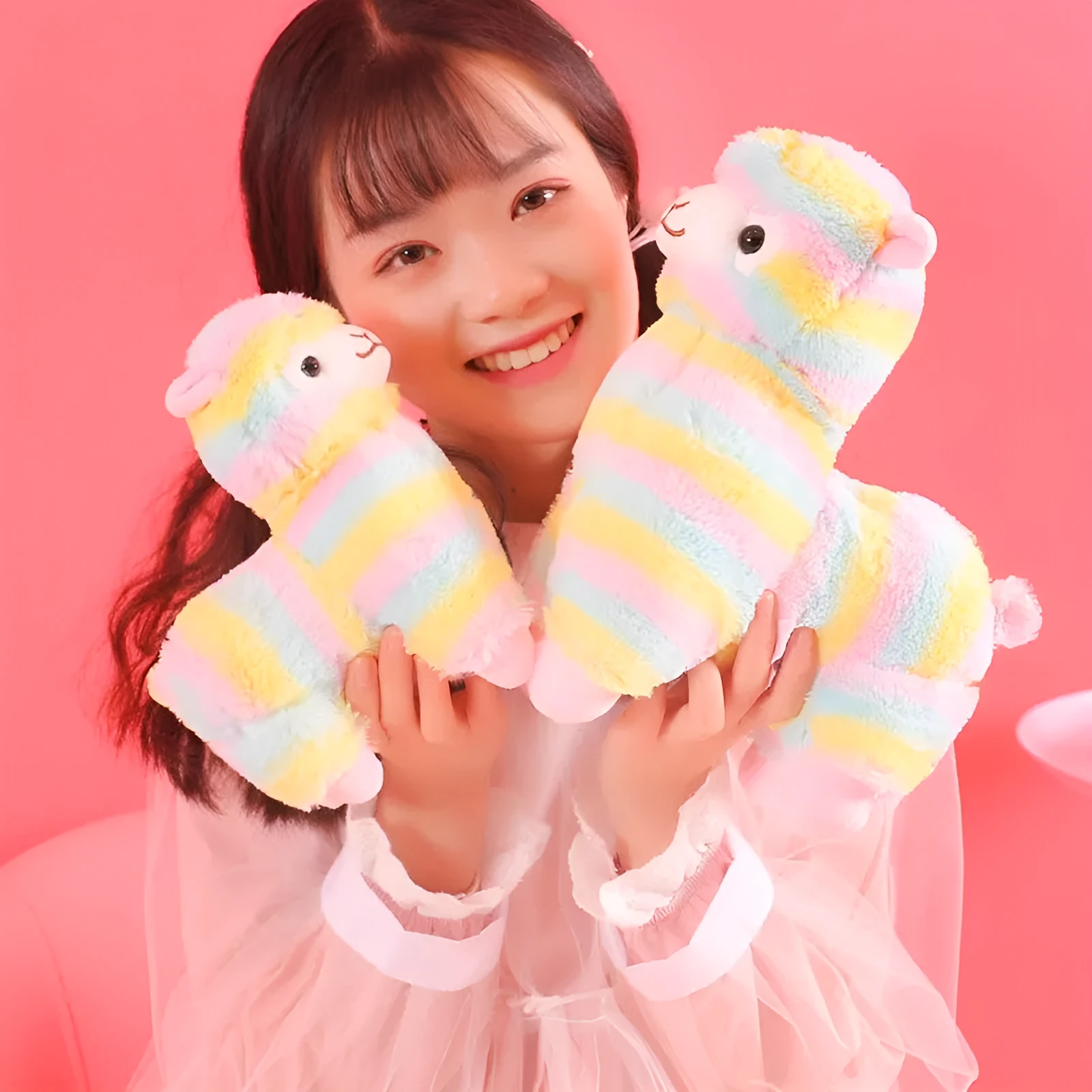 Colorful alpaca plush doll toy with short plush fabric, 35cm height, on a white background