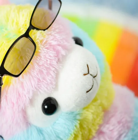 Colorful alpaca plush doll toy with short plush fabric, 35cm height, on a white background