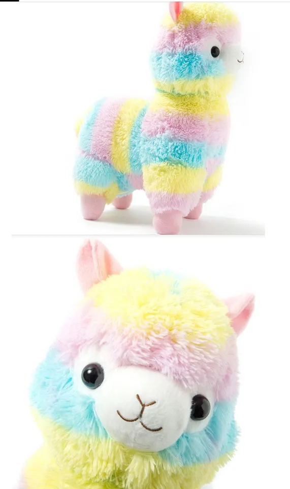 Colorful alpaca plush doll toy with short plush fabric, 35cm height, on a white background