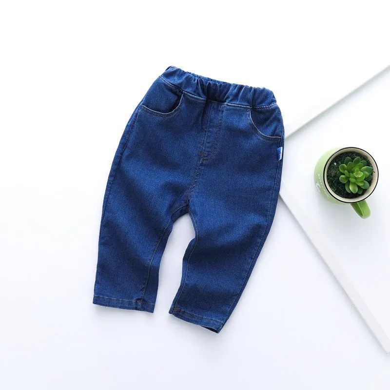 Children's casual straight jeans in blue, 95% cotton, elastic waistband, Korean style