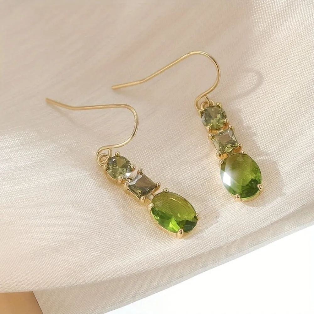 Green geometric copper earrings with quadrilateral design in retro Bohemian style