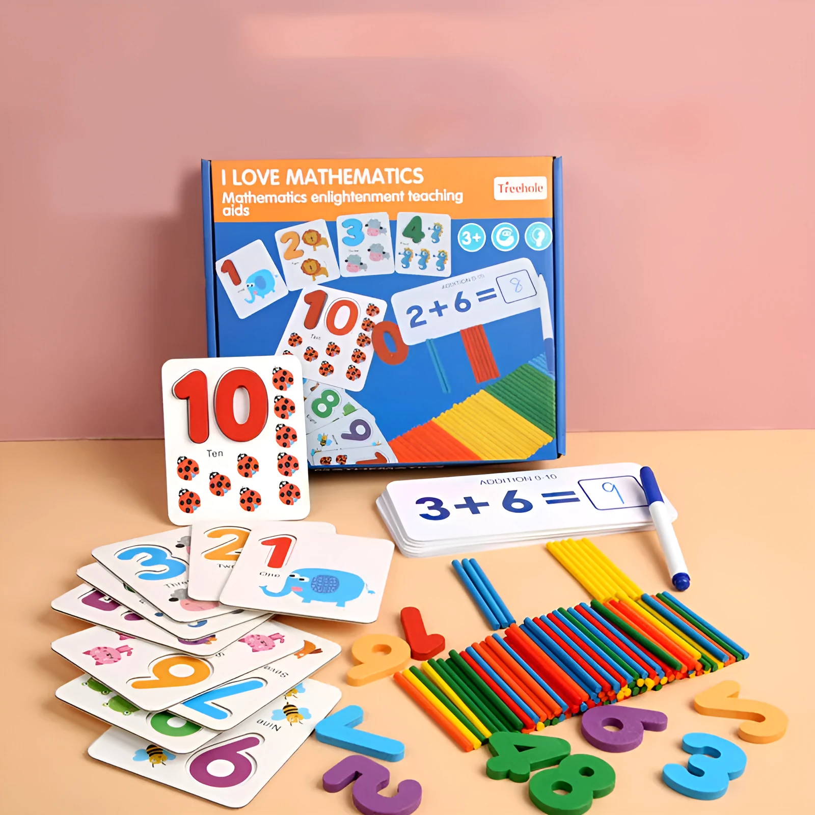 Wooden early childhood education toys in a colour box, educational aids for children