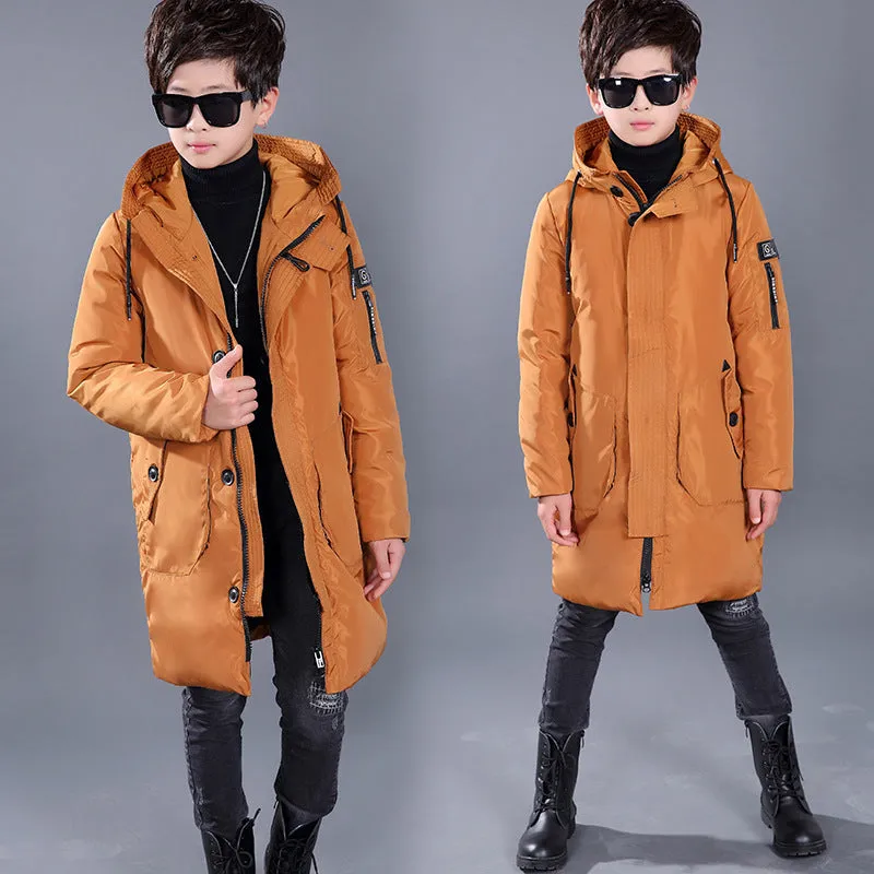 Boys mid-length hooded white duck down jacket in red, grey, black, khaki on memory cloth fabric with zipper closure