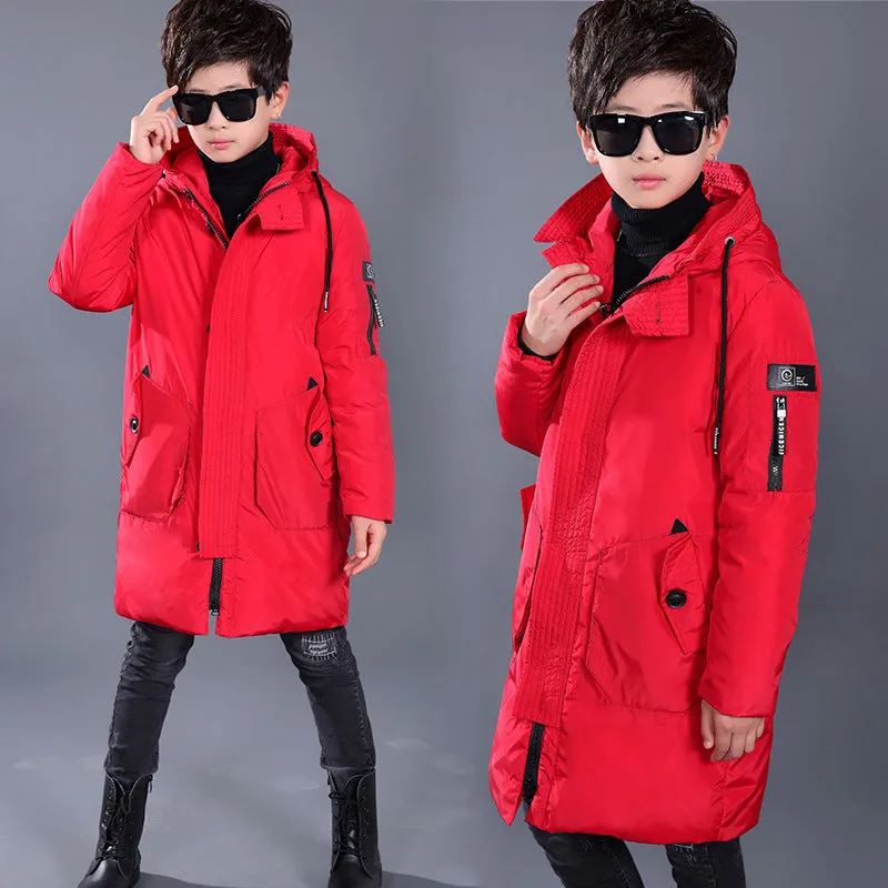 Boys mid-length hooded white duck down jacket in red, grey, black, khaki on memory cloth fabric with zipper closure
