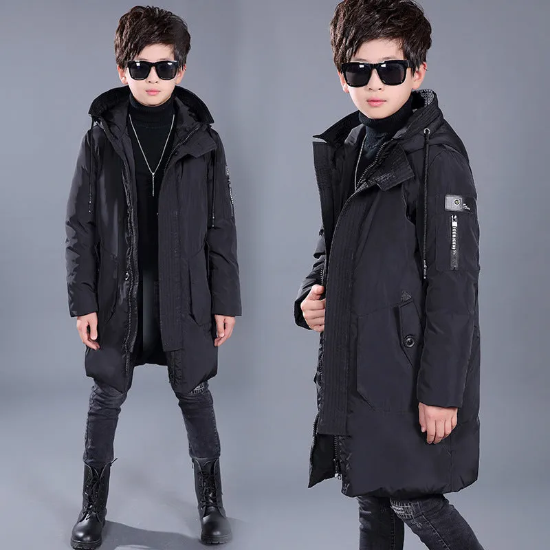 Boys mid-length hooded white duck down jacket in red, grey, black, khaki on memory cloth fabric with zipper closure