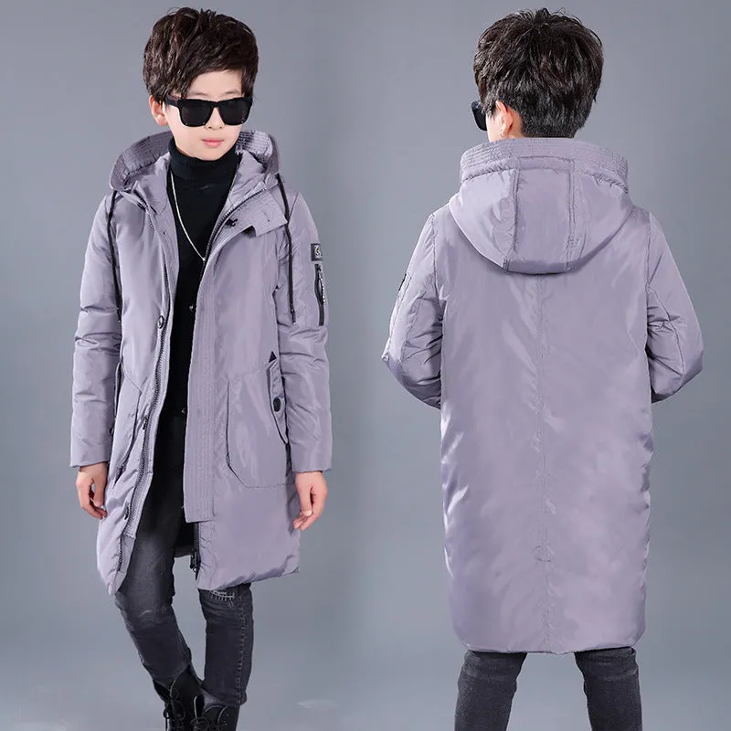 Boys mid-length hooded white duck down jacket in red, grey, black, khaki on memory cloth fabric with zipper closure