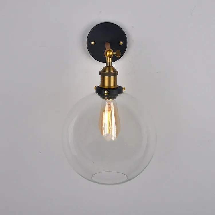 Round retro glass ball wall lamp in amber colour, 20cm diameter, with aluminium holder.
